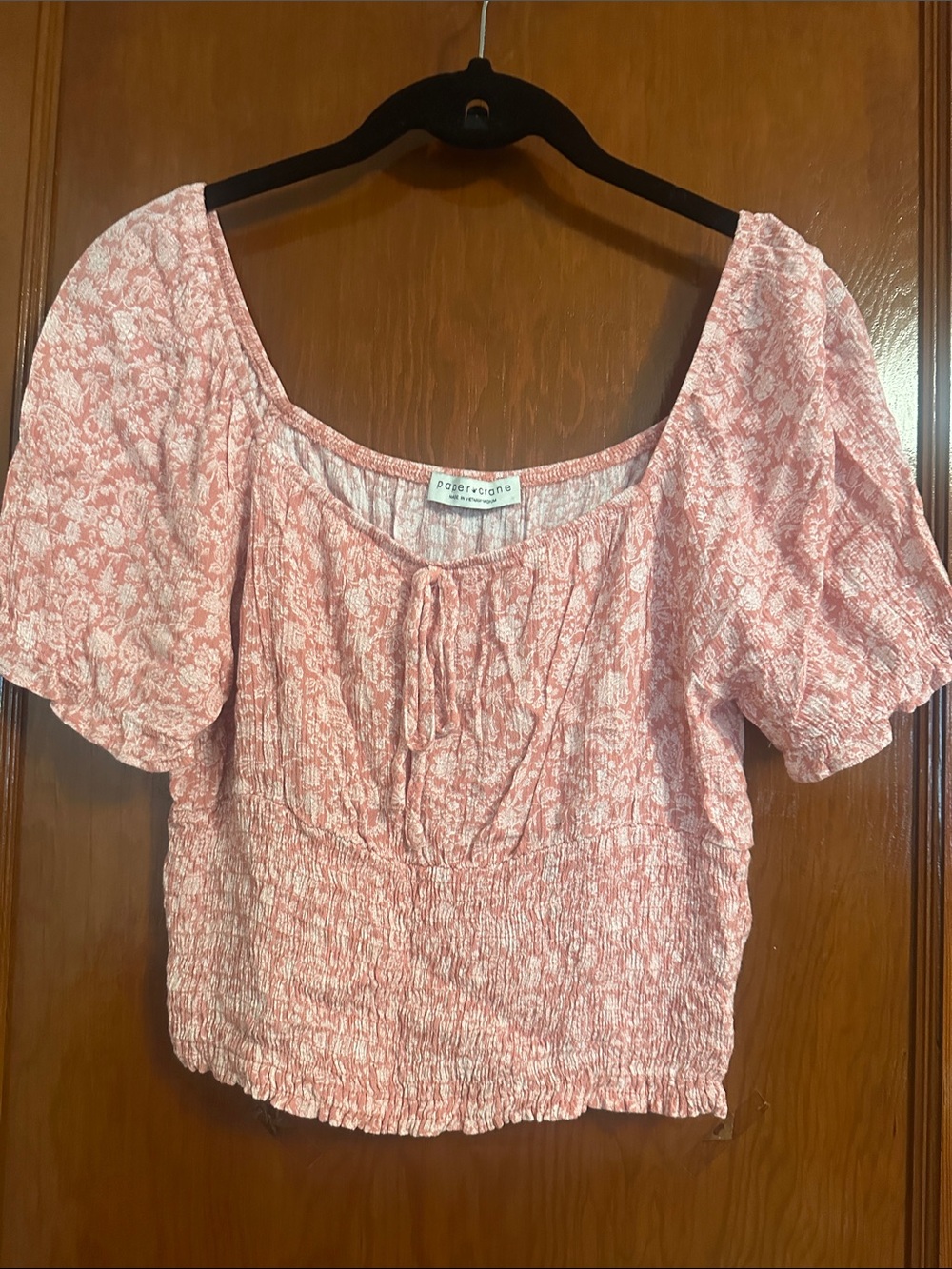 Paper Crane Pink Floral Smocked Crop Top with Puff Sleeves